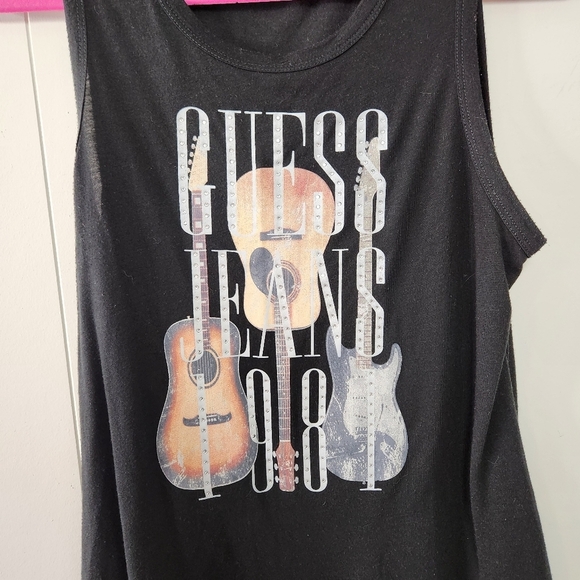Guess Sleeveless Music Festival Tank Top Black Graphic T-Shirt Guitars Western - Picture 2 of 7